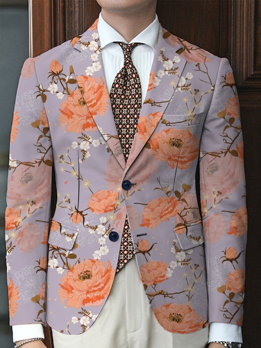 Men's floral print suit jacket by SHOWLU FASHION STORE, casual regular fit blazer with lapel, button detail, polyester blend fabric.