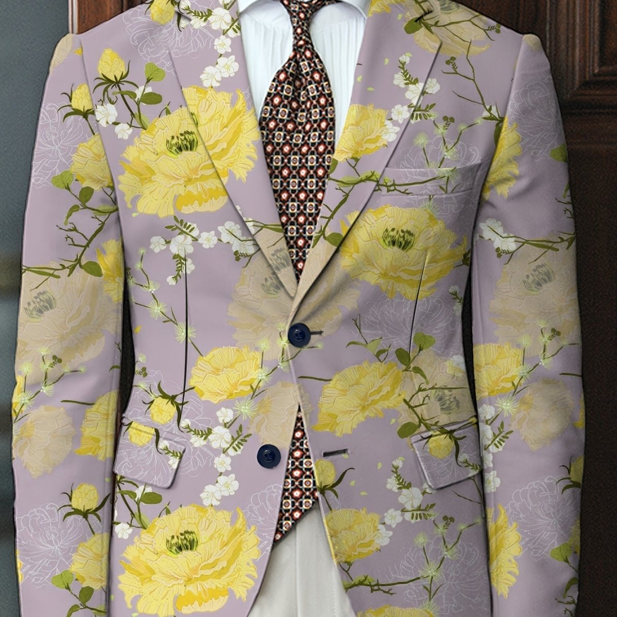 Men's floral print suit jacket from SHOWLU, casual blazer with lapel, regular fit, polyester blend, button details, all-season style.