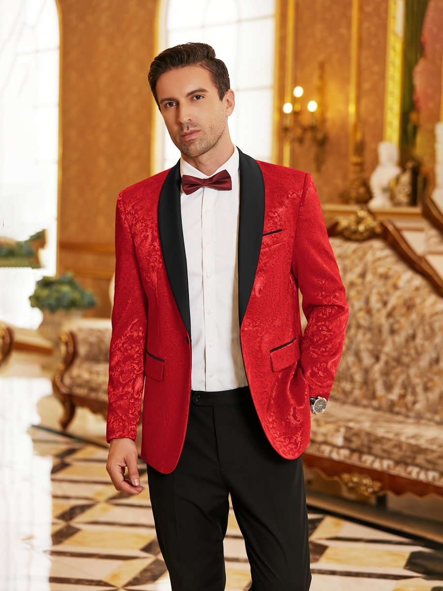 Men's SHOWLU Paisley floral tuxedo jacket with slim fit, shawl lapel, stylish suit blazer for wedding, dinner, or prom events.