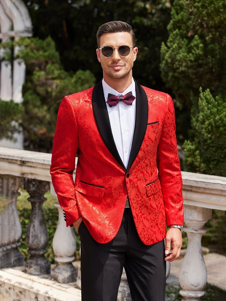 Men's paisley floral tuxedo jacket by SHOWLU, slim fit blazer with shawl lapel, ideal for wedding, dinner, or prom events.