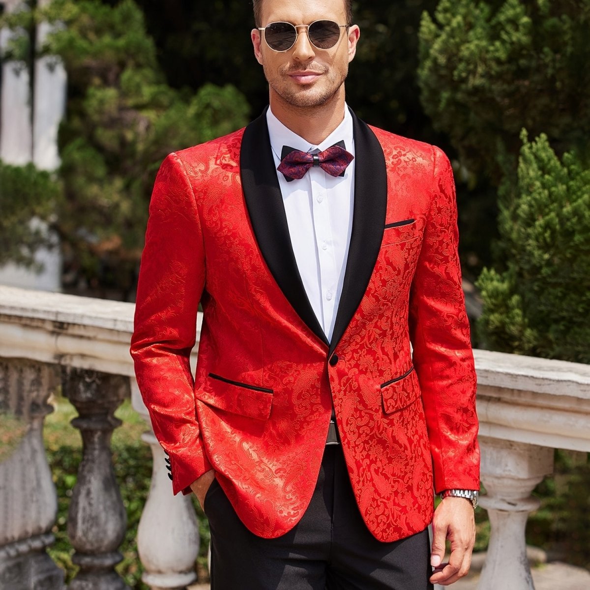 Men's paisley floral tuxedo jacket by SHOWLU FASHION STORE, slim fit blazer with shawl lapel, ideal for weddings and formal events.