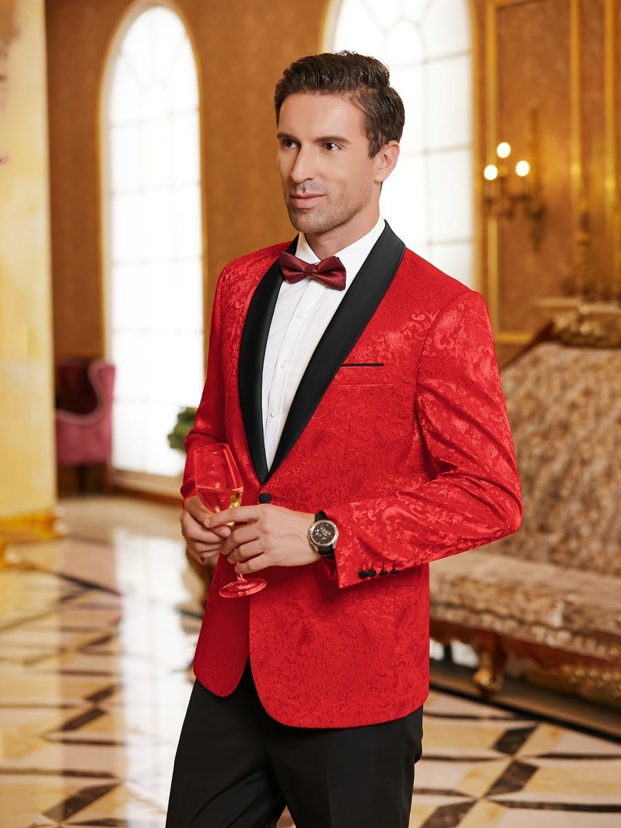 Men's SHOWLU paisley floral tuxedo jacket with slim fit, shawl lapel, stylish blazer for wedding, dinner, or prom events.