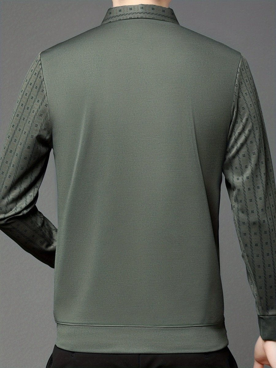 Men's SHOWLU geometric graphic long sleeve golf polo shirt, casual polyester design, ideal for winter and outdoor activities.