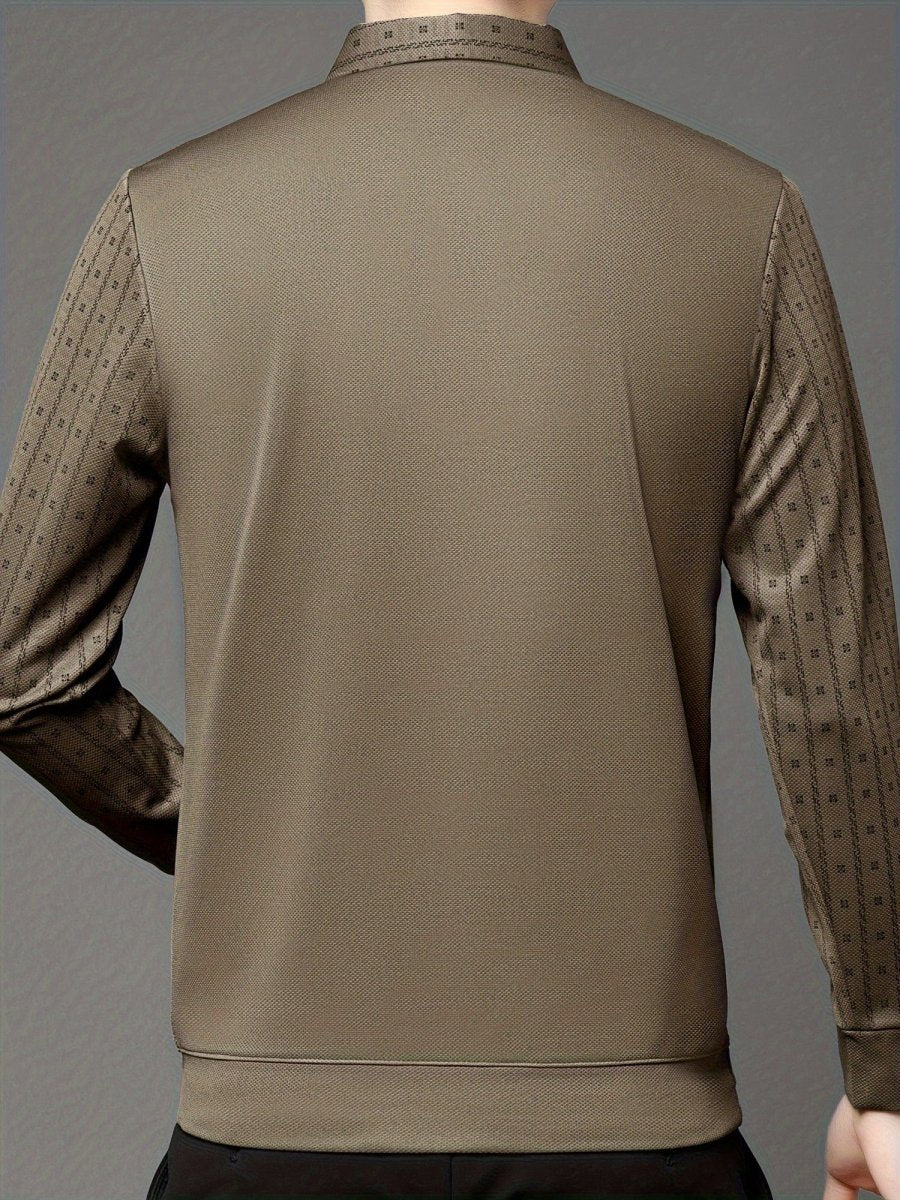 Men's SHOWLU geometric graphic long sleeve golf shirt in polyester, casual outdoor polo with a striking print for winter and fall.