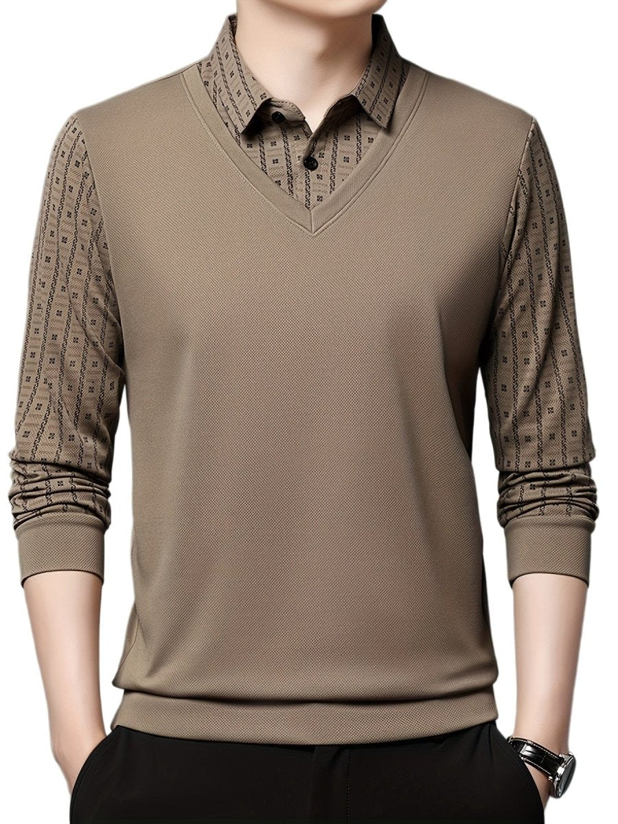 Men's SHOWLU geometric graphic long sleeve golf shirt, casual polyester polo with a modern print, suitable for winter and outdoor wear.