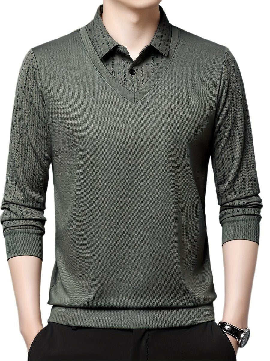 Men's SHOWLU geometric graphic long sleeve golf shirt, casual polyester polo with a bold print, suitable for winter and fall outdoor wear.