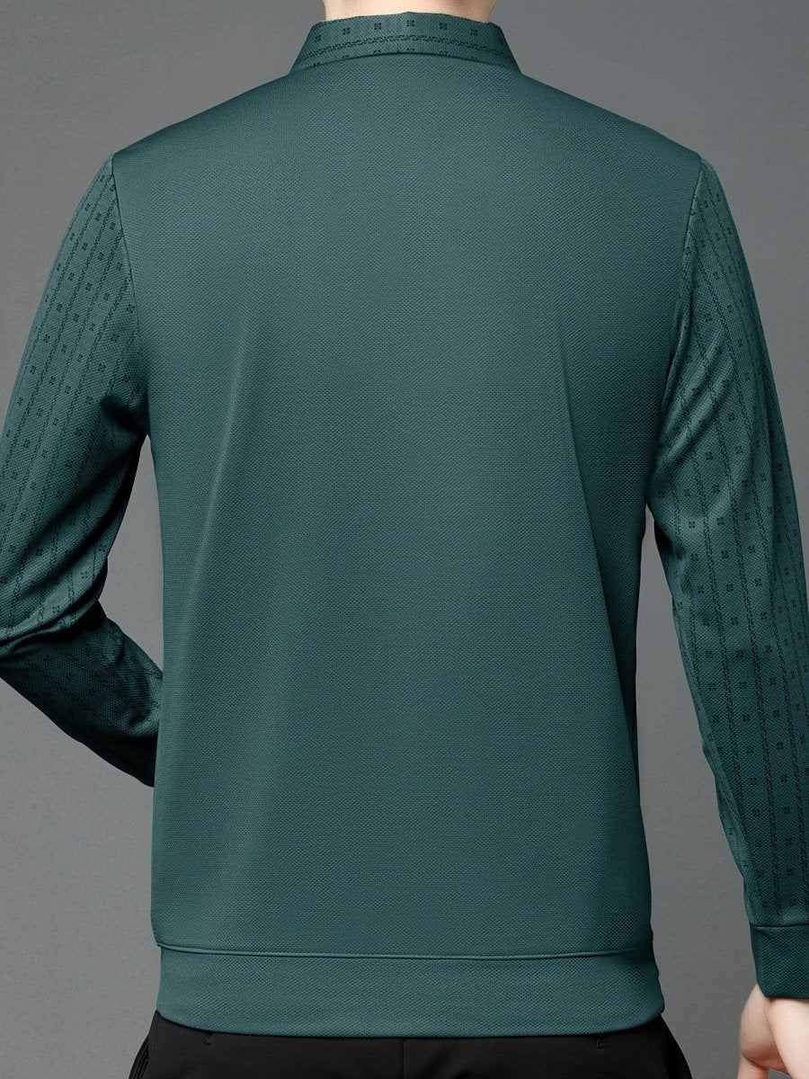 Men's SHOWLU geometric graphic long sleeve golf shirt, casual polyester polo with a bold print for winter outdoor wear.