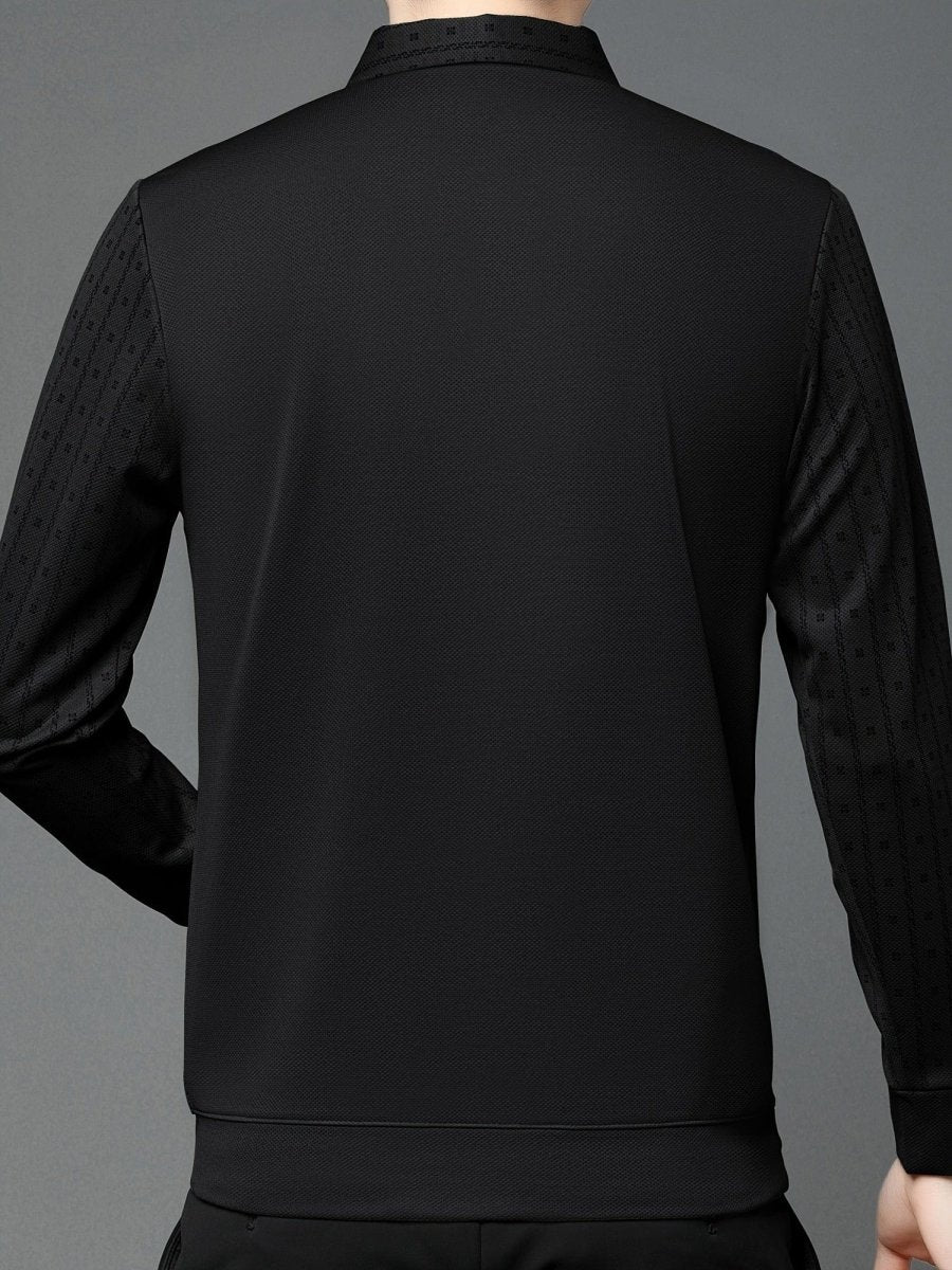 Men's SHOWLU geometric graphic long sleeve golf shirt in polyester, casual polo with a stylish print for outdoor winter and fall wear.