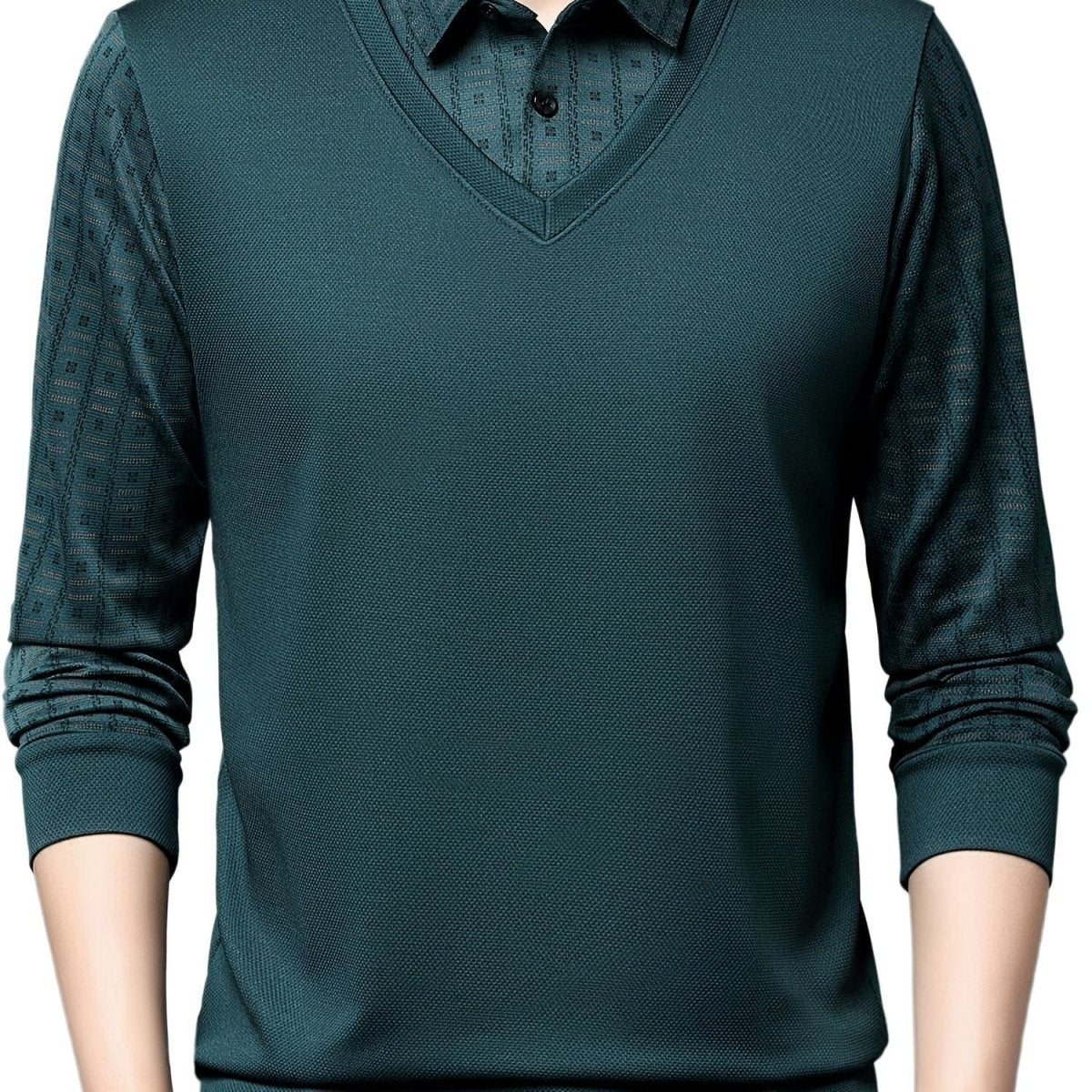 Men's SHOWLU geometric graphic long sleeve golf shirt, casual polyester polo with a modern printed design for outdoor wear.
