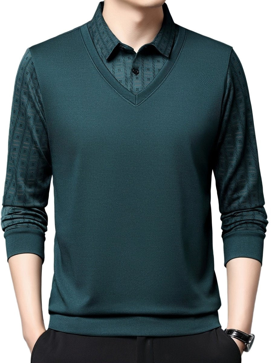 Men's long sleeve golf shirt with geometric graphic print in polyester, casual design for winter and fall outdoor wear.