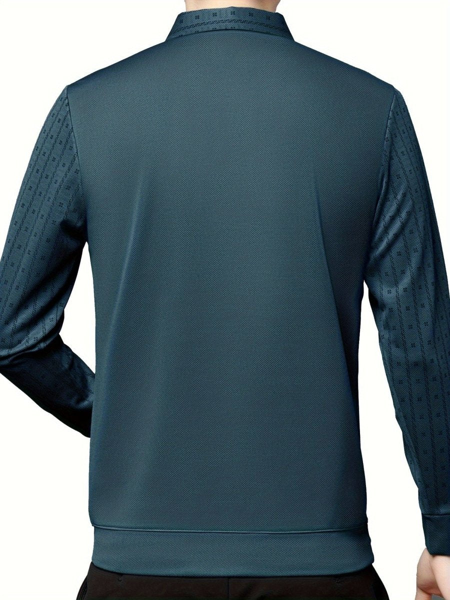 Men's SHOWLU geometric graphic long sleeve golf shirt, polyester casual polo with a modern print, suitable for winter and outdoor wear.