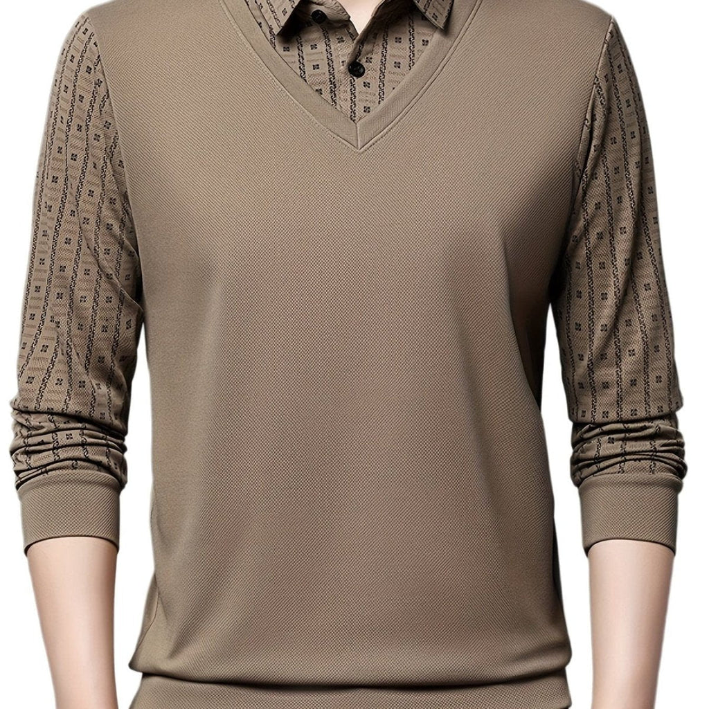 Men's SHOWLU geometric graphic long sleeve golf shirt in polyester, casual outdoor polo for winter and fall.