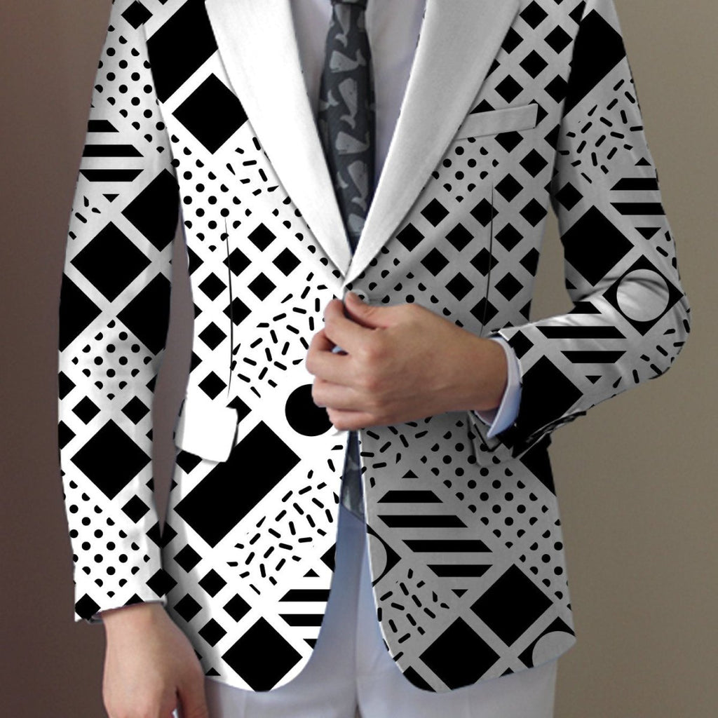 Men's SHOWLU geometric pattern blazer with lapel collar, casual fit, woven polyester fabric, button detail, suitable for all seasons.