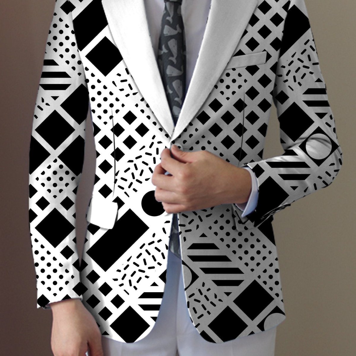 Men's SHOWLU geometric pattern blazer with lapel collar, casual fit, woven polyester fabric, button detail, suitable for all seasons.