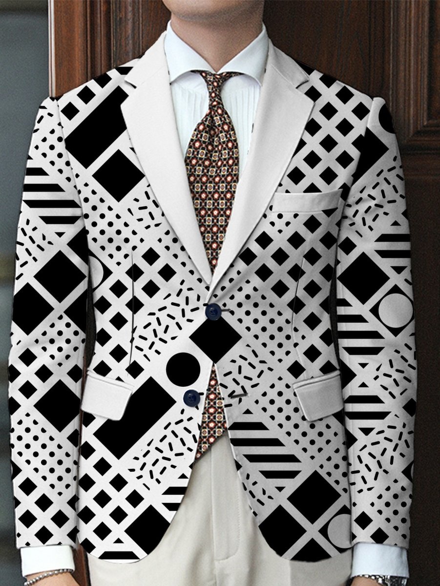 Men's SHOWLU Fashion geometric pattern blazer with lapel collar, casual regular fit suit jacket in woven fabric, suitable for all seasons.