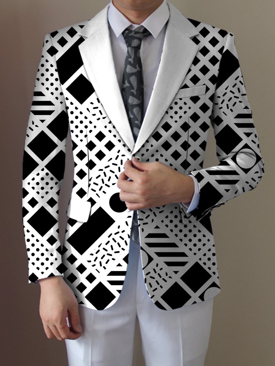SHOWLU men's casual blazer with geometric pattern, regular fit suit jacket featuring lapel collar and woven polyester fabric.