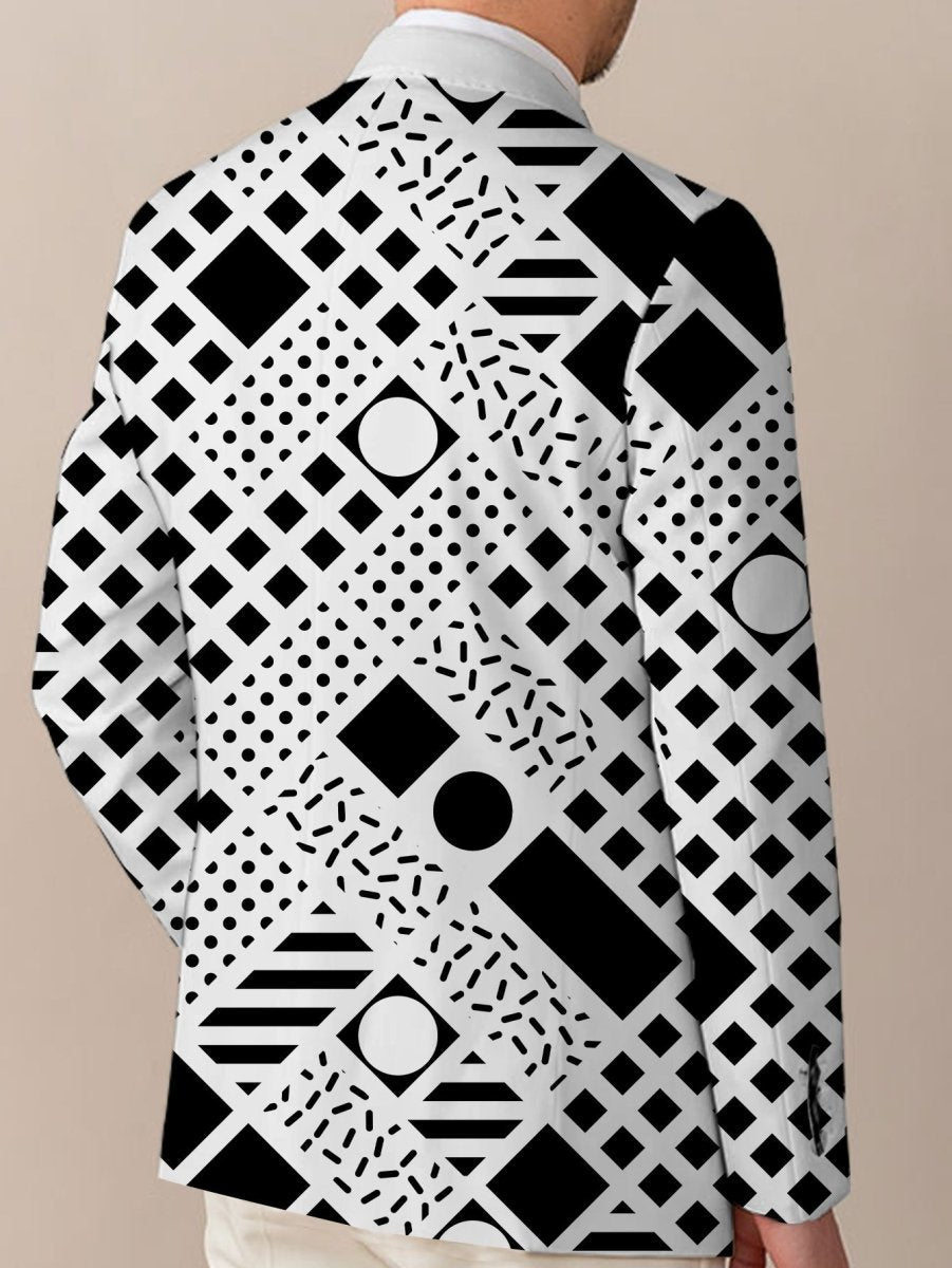 Men's SHOWLU geometric pattern blazer, casual fit suit jacket with lapel collar, polyester fabric, button detail, all-season style.