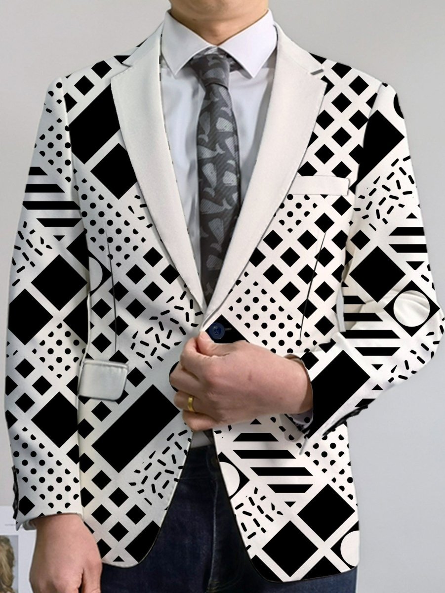 Men's SHOWLU geometric pattern blazer with lapel collar, casual fit, polyester fabric, button detail, suitable for all-season wear.