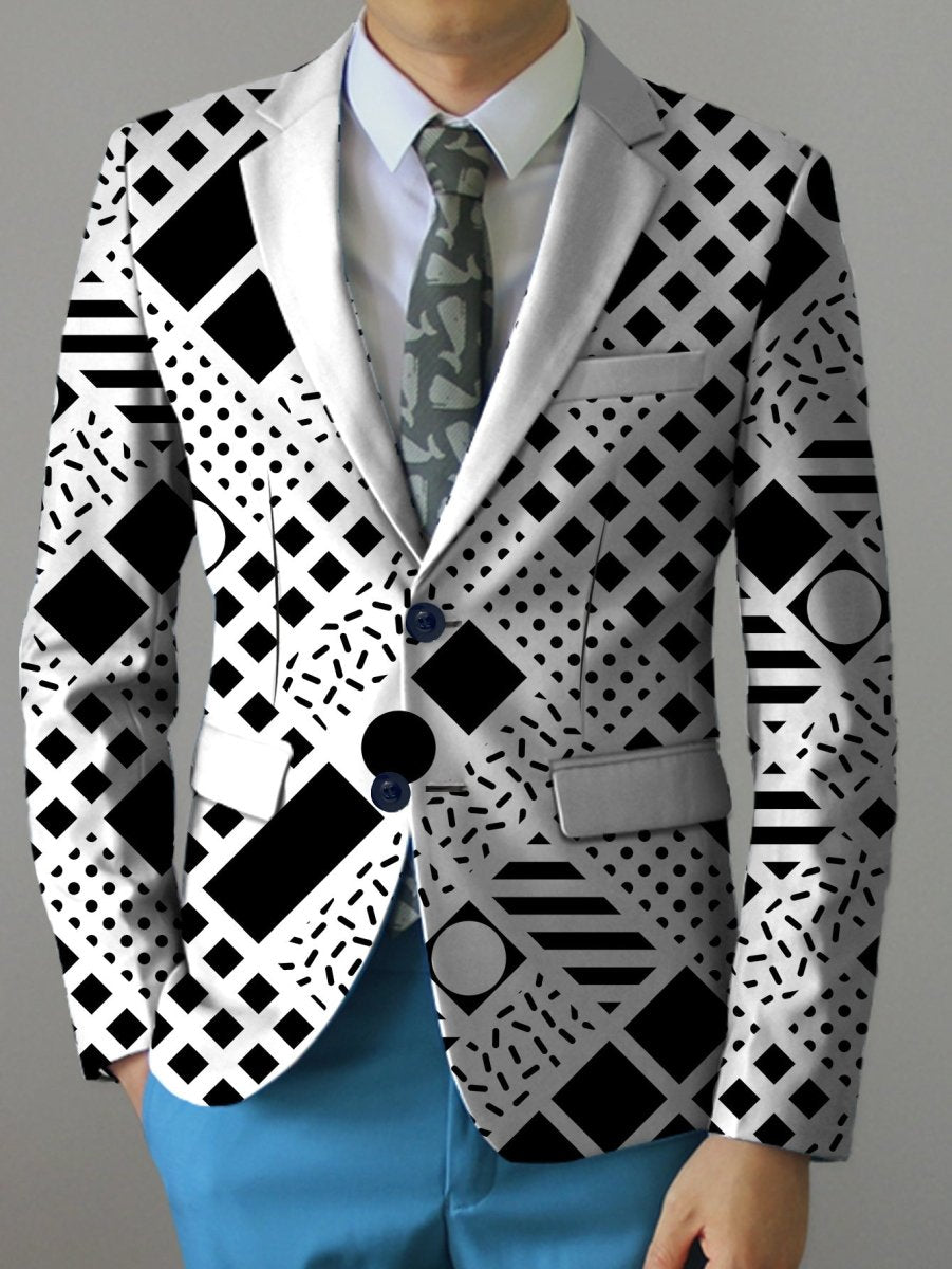 SHOWLU men's geometric pattern blazer, casual fit suit jacket with lapel collar, polyester fabric, button details, suitable for all seasons.