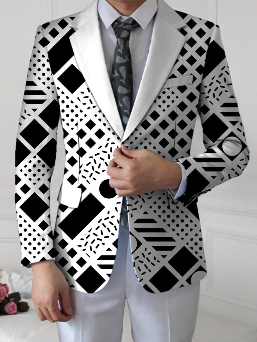 Men's SHOWLU geometric pattern blazer with lapel collar, casual fit, woven polyester fabric, all-season style, button detail.