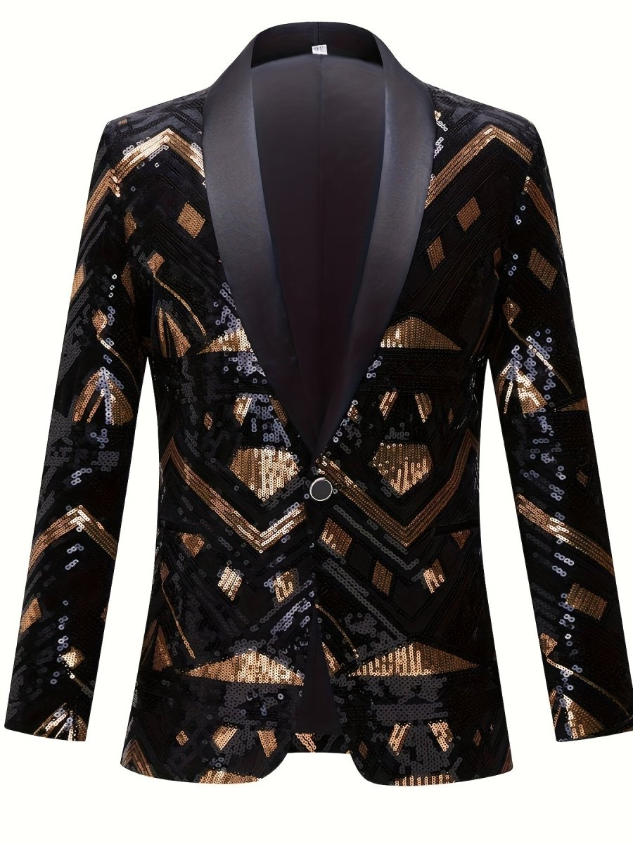 Men's black and gold sequin suit jacket with geometric pattern, shawl collar, long sleeves, and pockets, stylish for parties.