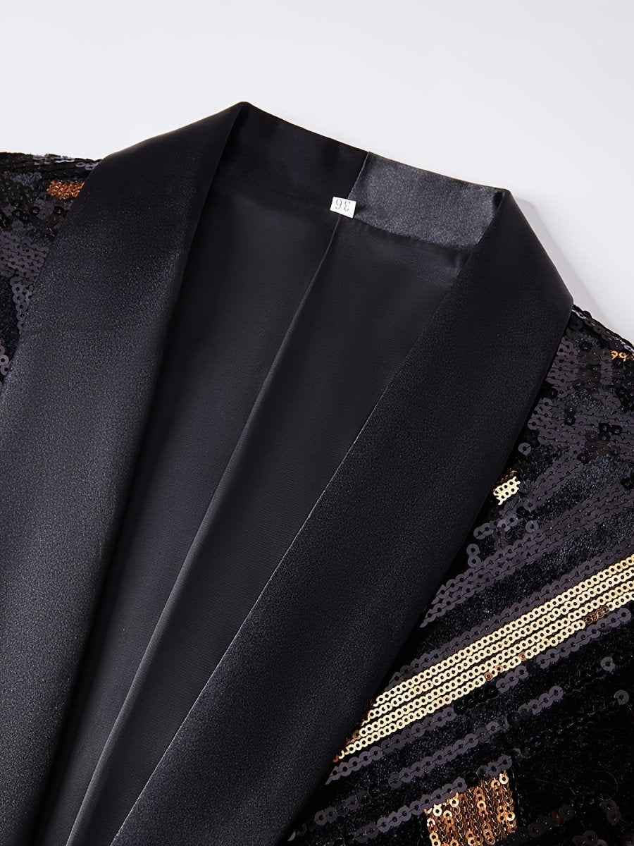 Men's black and gold sequin suit jacket with geometric pattern, shawl collar, long sleeves, pockets, and regular fit for parties.