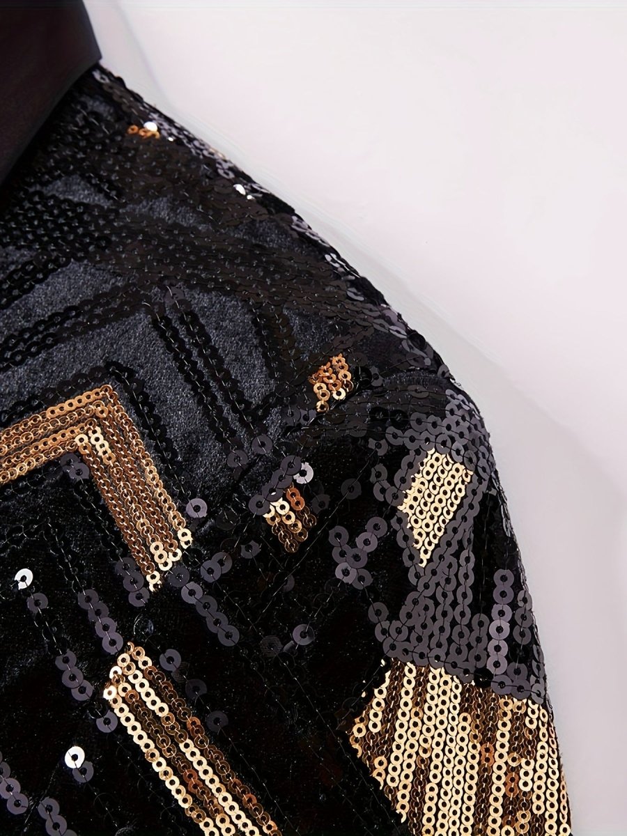 Men's black and gold sequin suit jacket with geometric pattern, shawl collar, long sleeves, pockets, and regular fit for stylish occasions