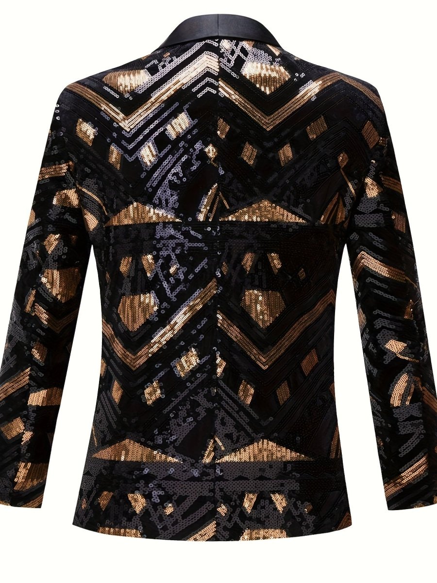 Men's black and gold sequin suit jacket with geometric pattern, shawl collar, long sleeves, pockets, and regular fit for parties.