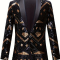 Men's black and gold sequin suit jacket with geometric pattern, shawl collar, long sleeves, pockets, regular fit, for formal parties