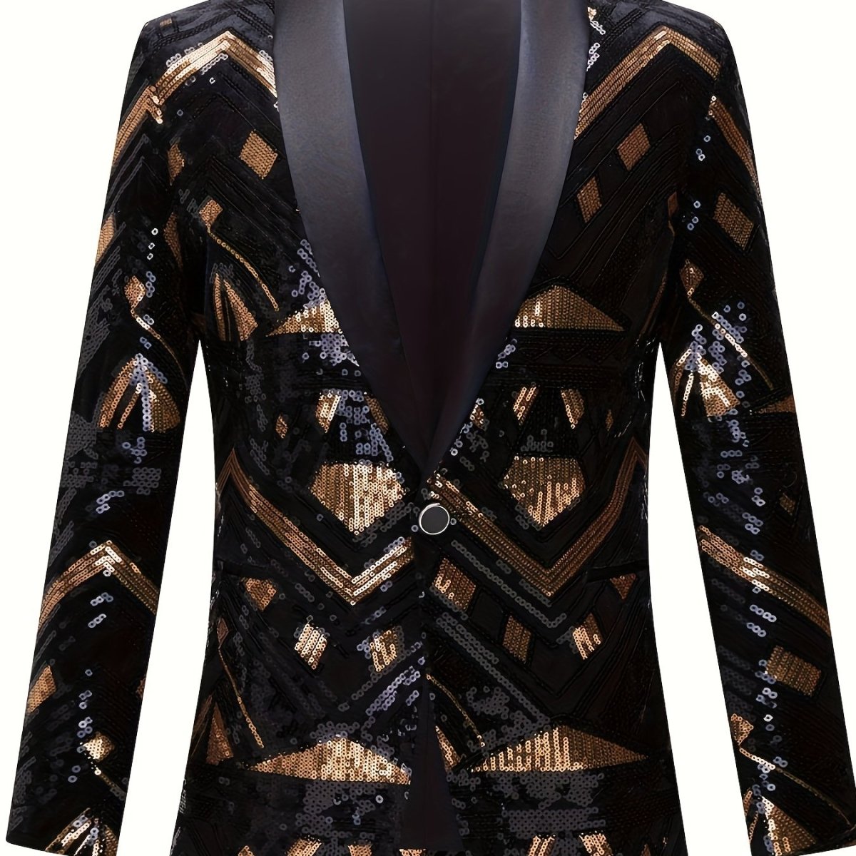 Men's black and gold sequin suit jacket with geometric pattern, shawl collar, long sleeves, pockets, regular fit, for formal parties