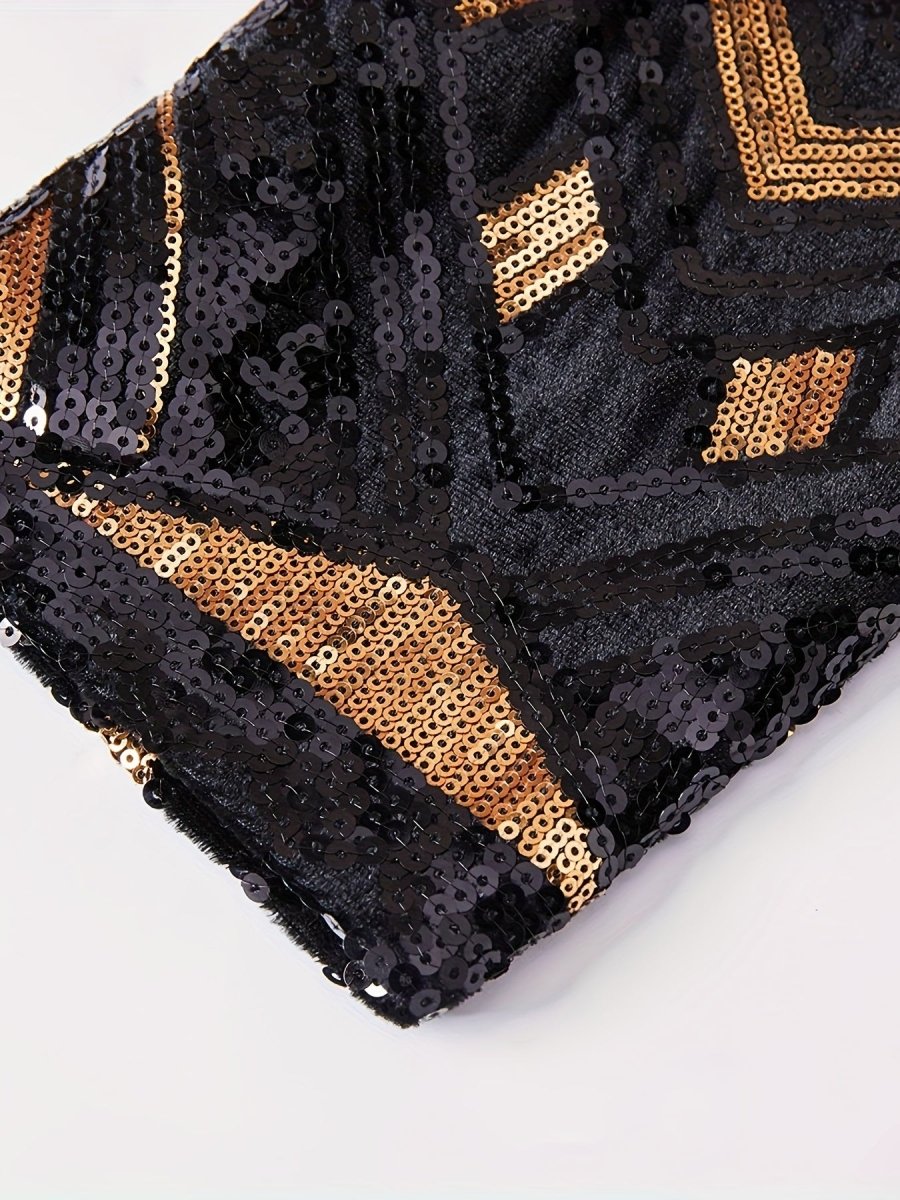 Men's black and gold sequin suit jacket with geometric pattern, shawl collar, long sleeves, pockets, and regular fit for parties.