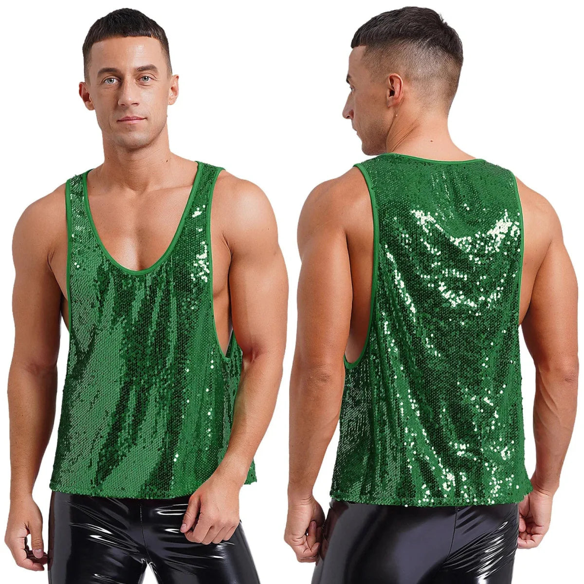 Men's glitter sequin dance vest with V-neck and smooth lining, ideal for disco parties, club events, and music festivals.