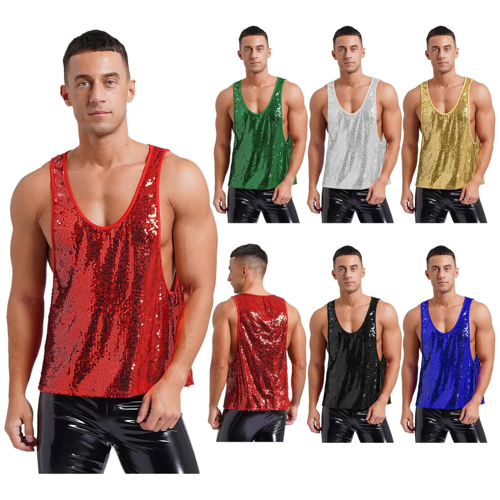 Men's glitter sequin dance vest with V-neck, smooth lining, perfect for disco, club, and festival party dancing.