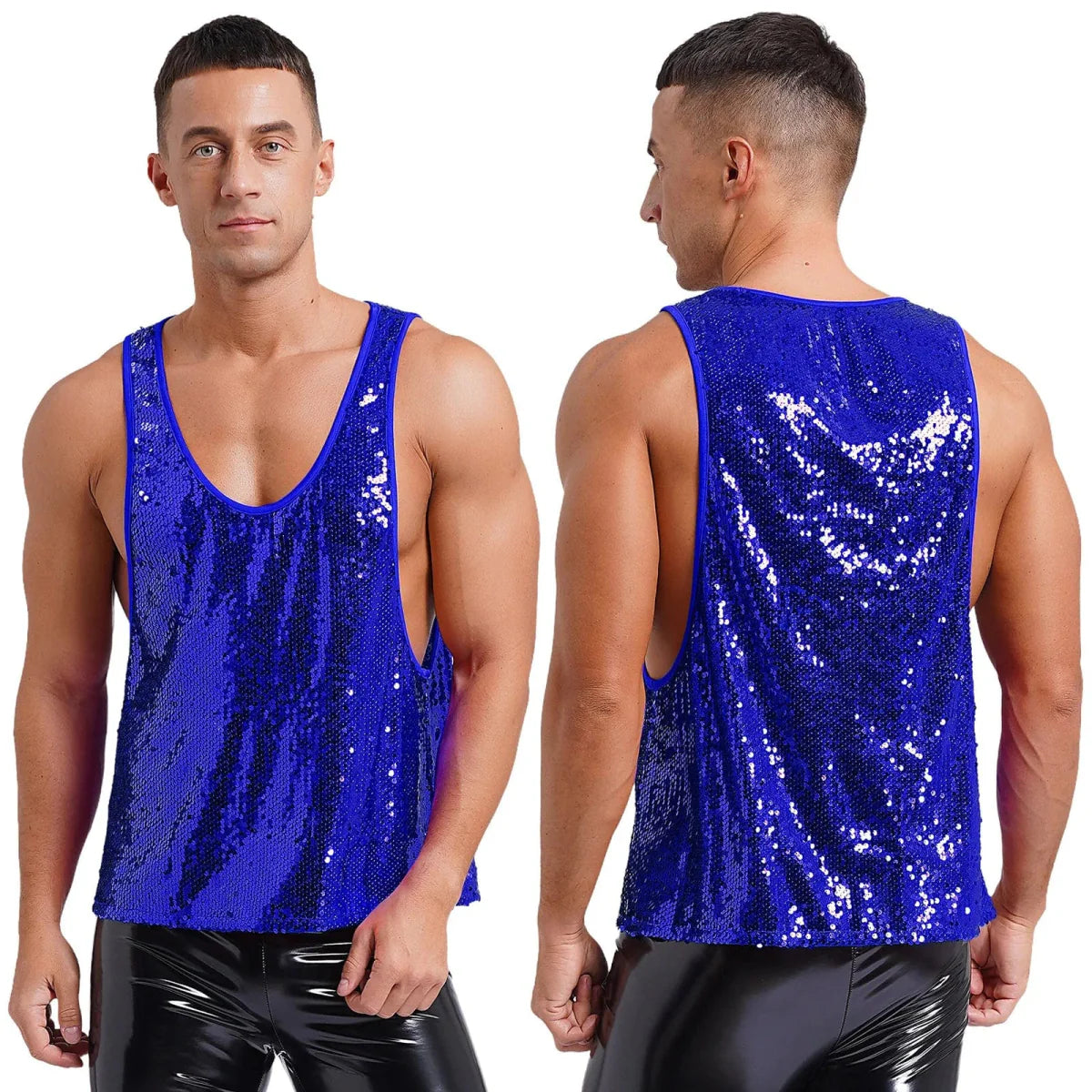 Men's glitter sequin dance vest from SHOWLU FASHION STORE with V-neck, smooth lining, ideal for disco, club, and festival dancing.