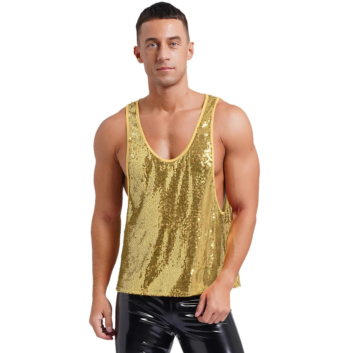 Men's glitter sequin dance vest with V-neck, smooth lining, perfect for disco parties and music festivals.
