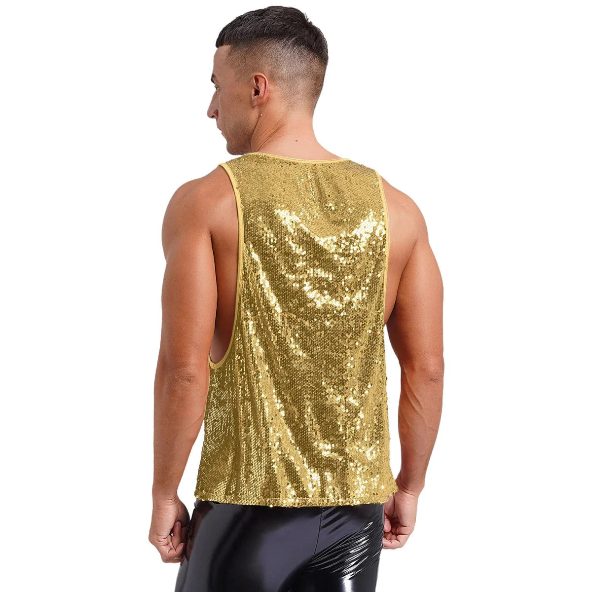 Men's glitter sequin dance vest by SHOWLU FASHION STORE, V-neck disco party tank top with smooth lining for club and festival dancing.