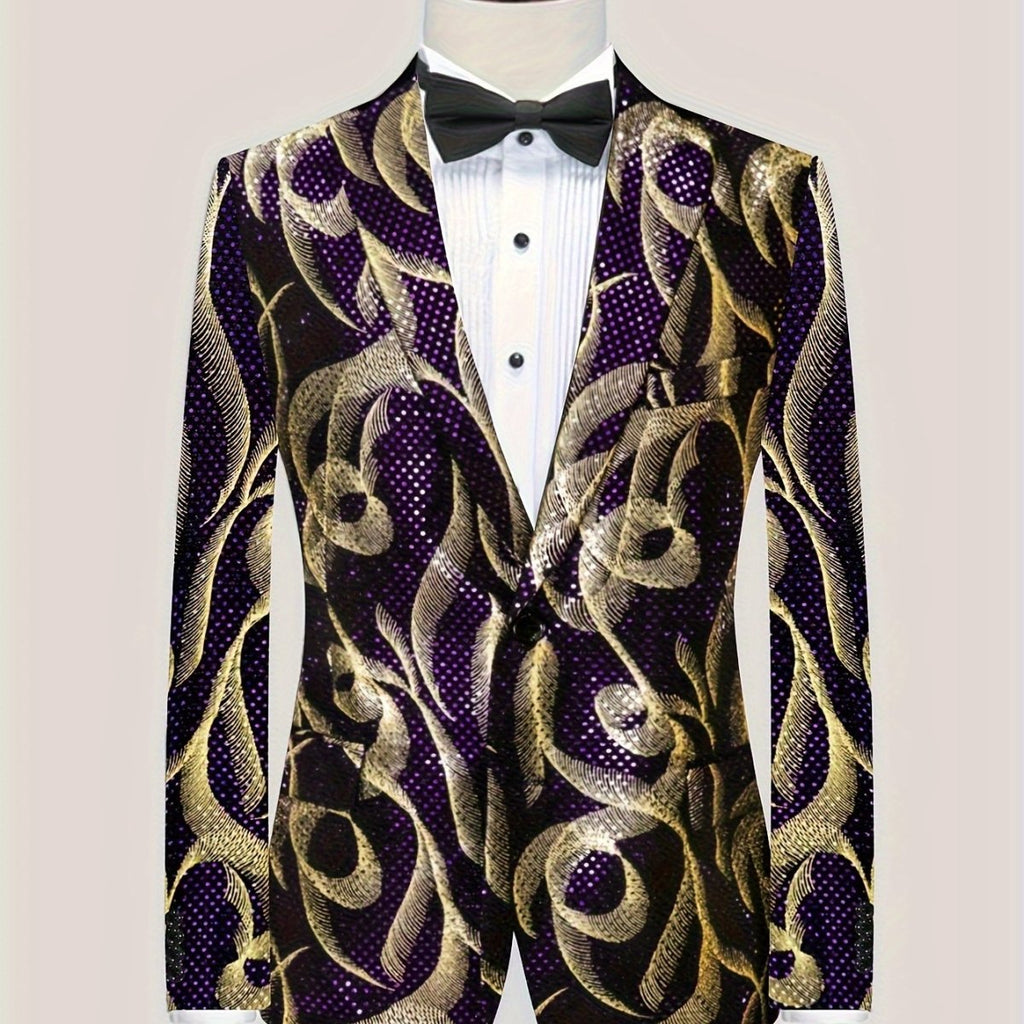SHOWLU men's purple and gold paisley party blazer with black lapels, long sleeves, side pockets, stylish for formal events.