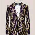 SHOWLU men's purple and gold paisley party blazer with black lapels, long sleeves, side pockets, stylish for formal events.