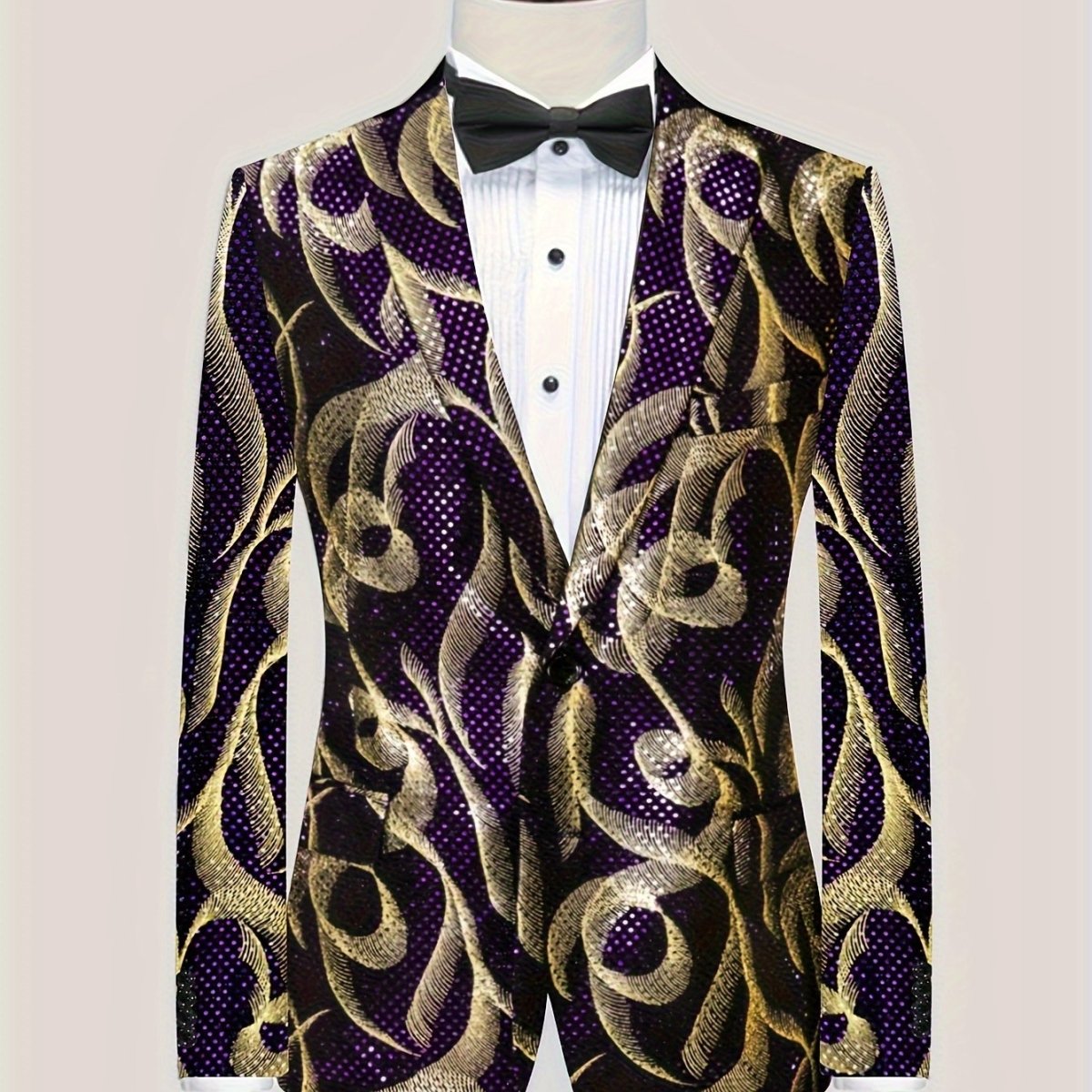 SHOWLU men's purple and gold paisley party blazer with black lapels, long sleeves, side pockets, stylish for formal events.