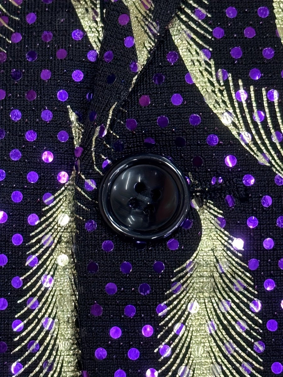 Men's purple and gold paisley party blazer with black lapels, long sleeves, side pockets, stylish formal blazer for events