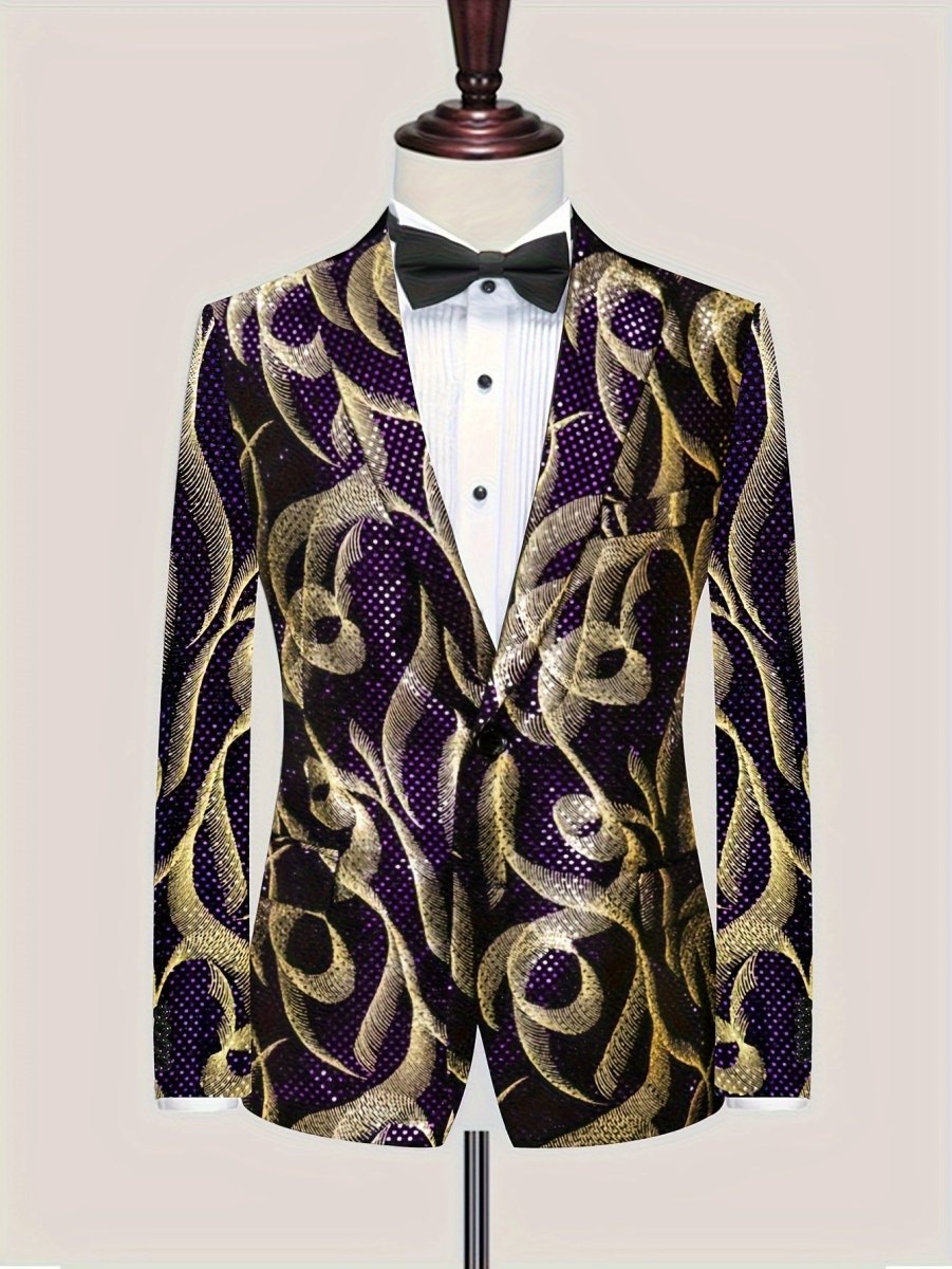 SHOWLU men's purple and gold paisley party blazer with black lapels, long sleeves, and side pockets, suitable for formal events.