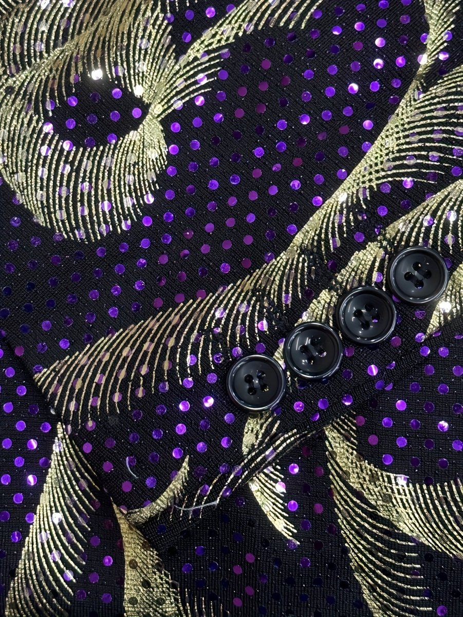 Men's purple and gold paisley party blazer with black lapels, long sleeves, side pockets, stylish formal jacket by SHOWLU Fashion Store