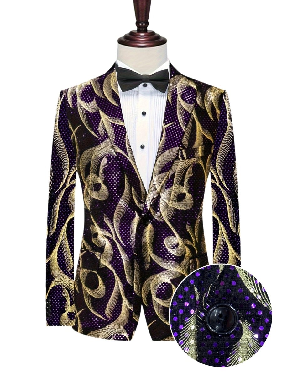 SHOWLU Men's purple and gold paisley party blazer with black lapels, long sleeves, side pockets, stylish for formal events