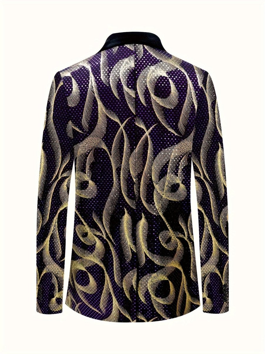 SHOWLU men's purple and gold paisley party blazer with black lapels, long sleeves, side pockets, stylish formal wear.