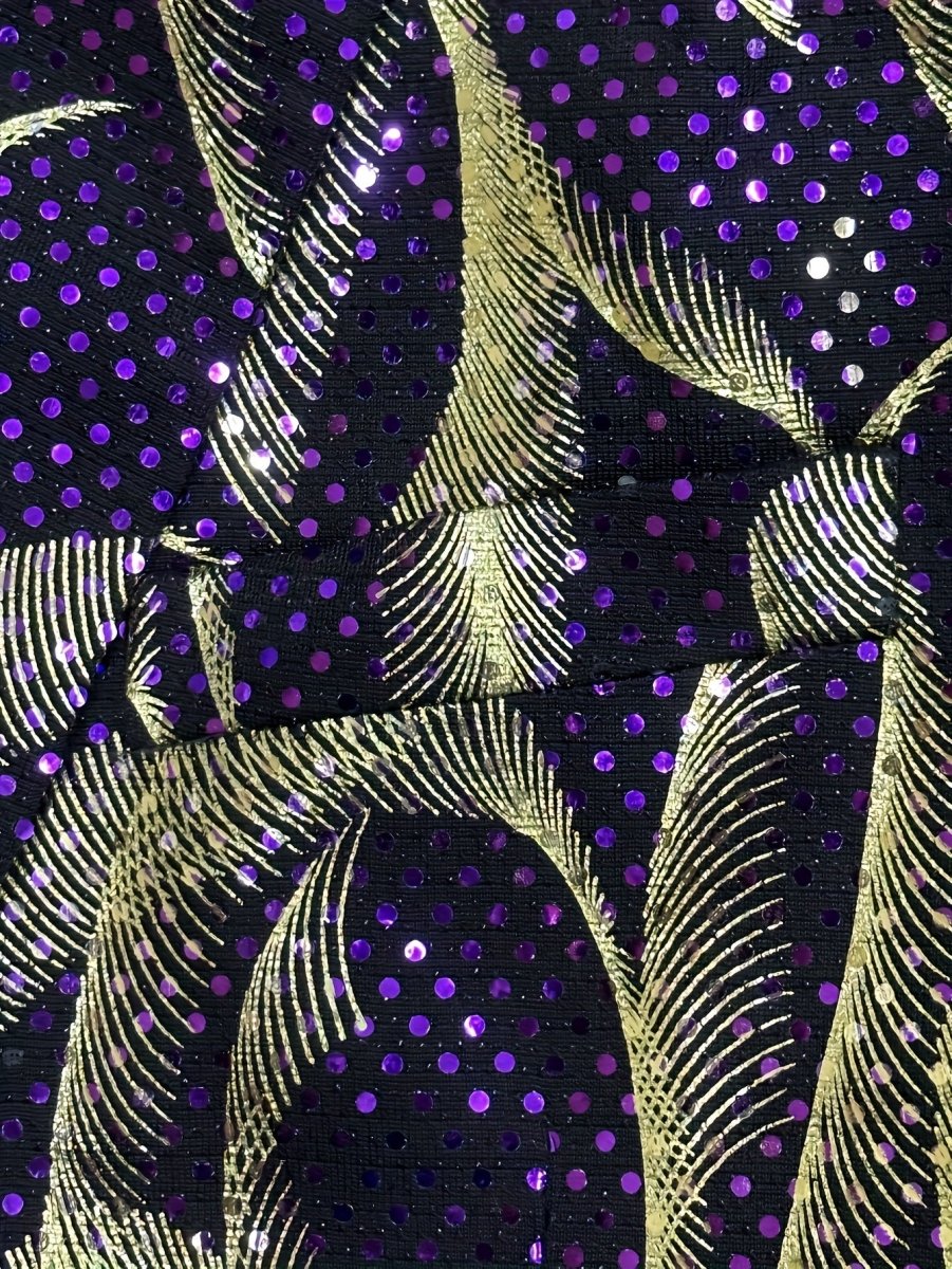 SHOWLU men's purple and gold paisley party blazer with black lapels, long sleeves, side pockets, stylish formal wear.
