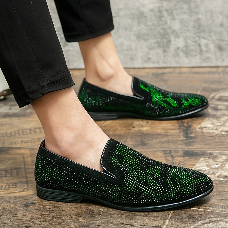 Men's green rhinestone slip-on loafers with pointed toe, black PU upper, rubber sole, stylish dress shoes for casual or formal wear