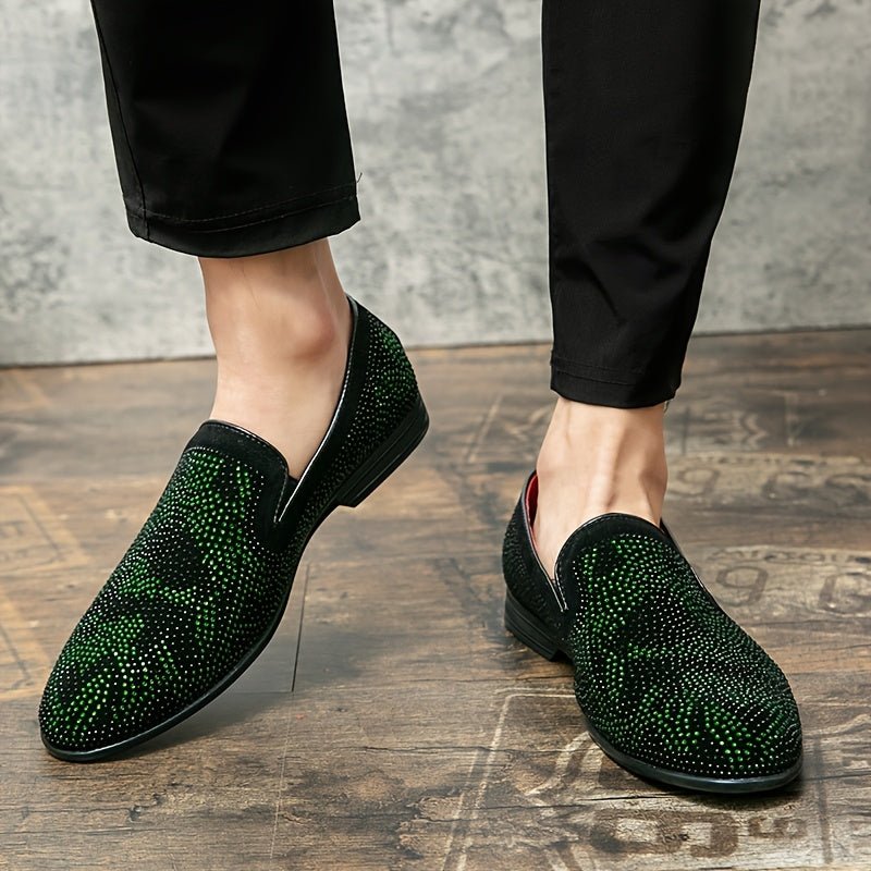 Men's green rhinestone slip-on loafers with pointed toe, black PU upper and rubber sole, stylish dress shoes for casual or formal wear