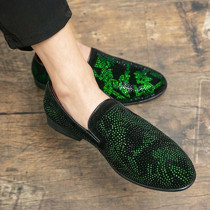 SHOWLU men's green rhinestone slip-on loafers with pointed toe, black PU upper, rubber sole, ideal for casual or formal wear.