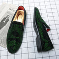 Men's green rhinestone slip-on loafers with pointed toe, black PU upper, rubber sole, stylish dress shoes for casual or formal wear