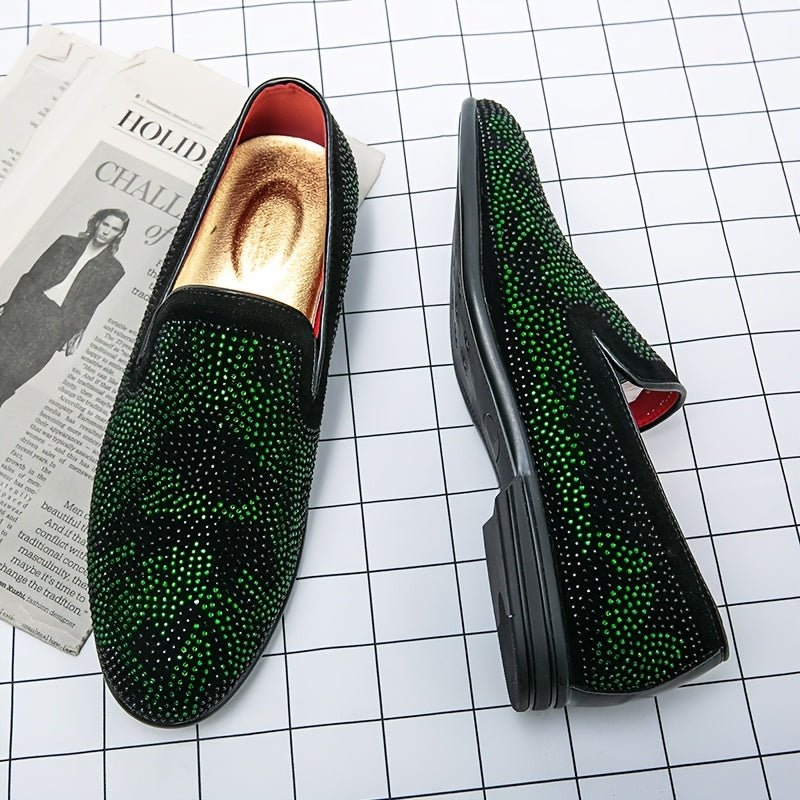 Men's green rhinestone slip-on loafers with pointed toe, black PU upper, rubber sole, stylish dress shoes for casual or formal wear